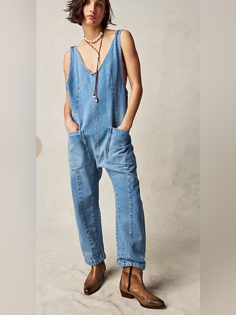 Free People We The Free High Roller Denim Jumpsuit Overalls Light Wash Size S